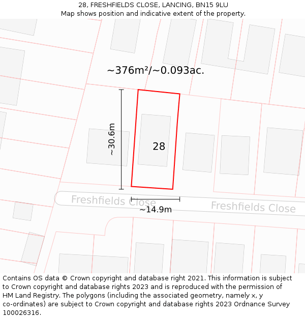 28, FRESHFIELDS CLOSE, LANCING, BN15 9LU: Plot and title map