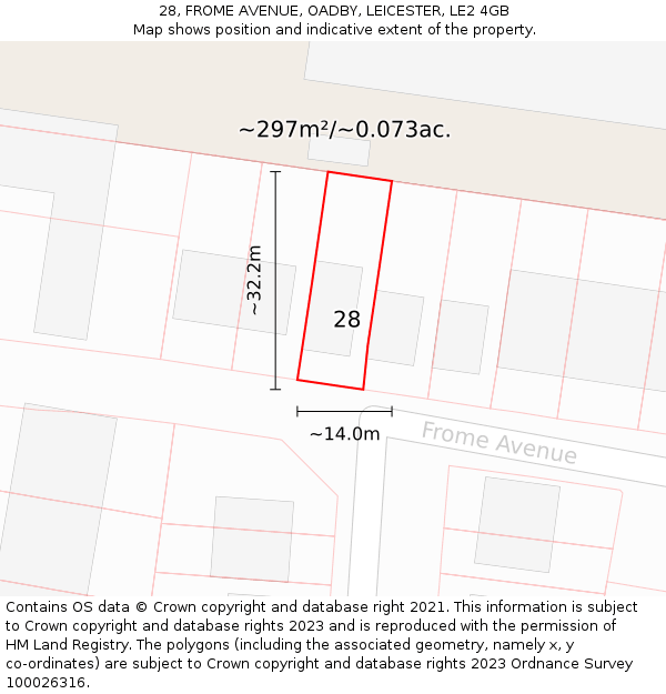 28, FROME AVENUE, OADBY, LEICESTER, LE2 4GB: Plot and title map