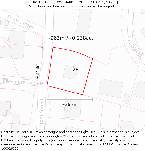 28, FRONT STREET, ROSEMARKET, MILFORD HAVEN, SA73 1JT: Plot and title map