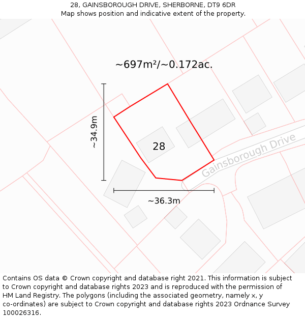 28, GAINSBOROUGH DRIVE, SHERBORNE, DT9 6DR: Plot and title map