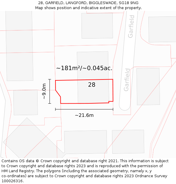 28, GARFIELD, LANGFORD, BIGGLESWADE, SG18 9NG: Plot and title map