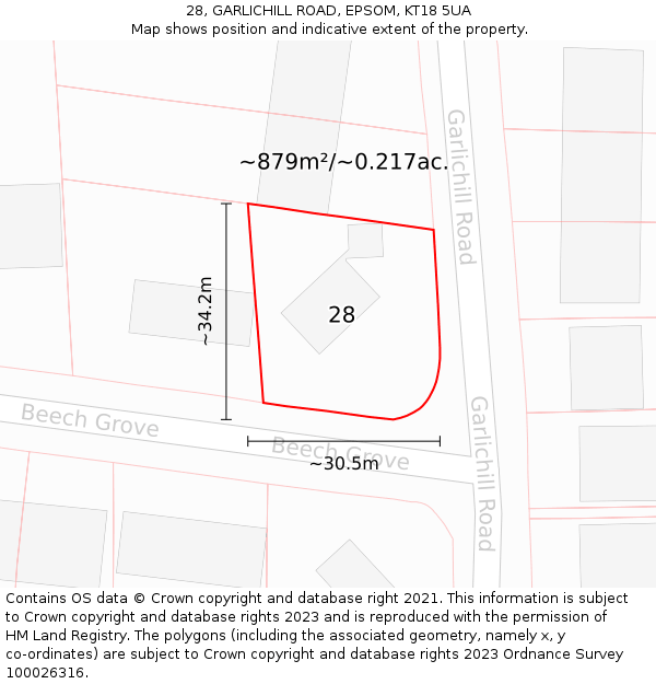 28, GARLICHILL ROAD, EPSOM, KT18 5UA: Plot and title map