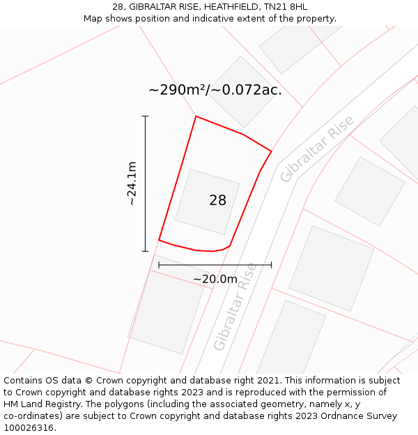 28, GIBRALTAR RISE, HEATHFIELD, TN21 8HL: Plot and title map