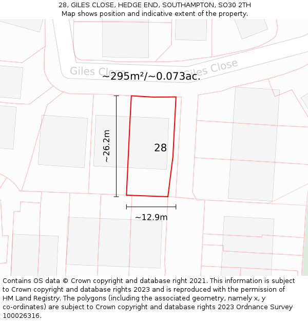 28, GILES CLOSE, HEDGE END, SOUTHAMPTON, SO30 2TH: Plot and title map