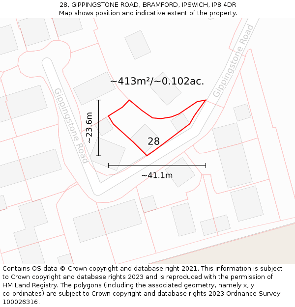 28, GIPPINGSTONE ROAD, BRAMFORD, IPSWICH, IP8 4DR: Plot and title map