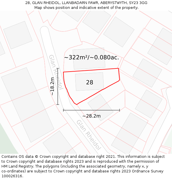 28, GLAN RHEIDOL, LLANBADARN FAWR, ABERYSTWYTH, SY23 3GG: Plot and title map