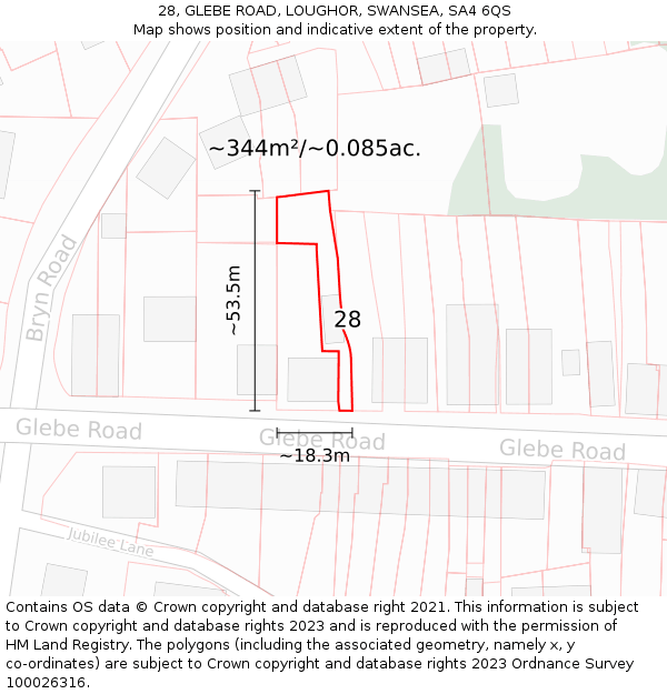 28, GLEBE ROAD, LOUGHOR, SWANSEA, SA4 6QS: Plot and title map