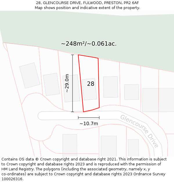 28, GLENCOURSE DRIVE, FULWOOD, PRESTON, PR2 6AF: Plot and title map