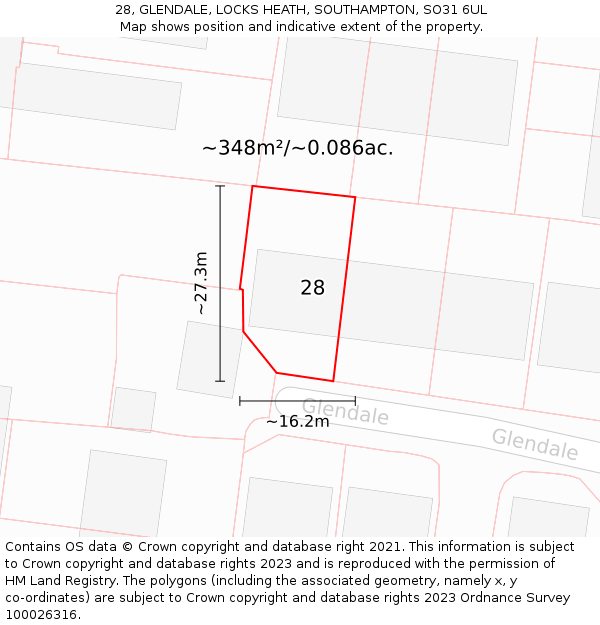 28, GLENDALE, LOCKS HEATH, SOUTHAMPTON, SO31 6UL: Plot and title map