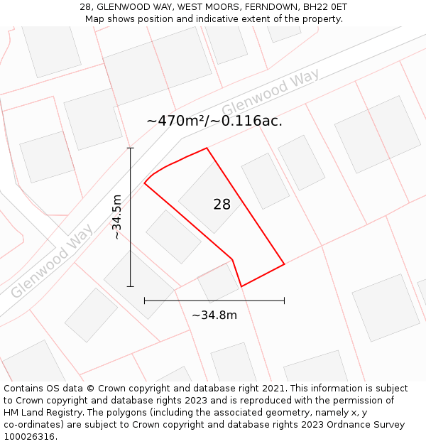 28, GLENWOOD WAY, WEST MOORS, FERNDOWN, BH22 0ET: Plot and title map