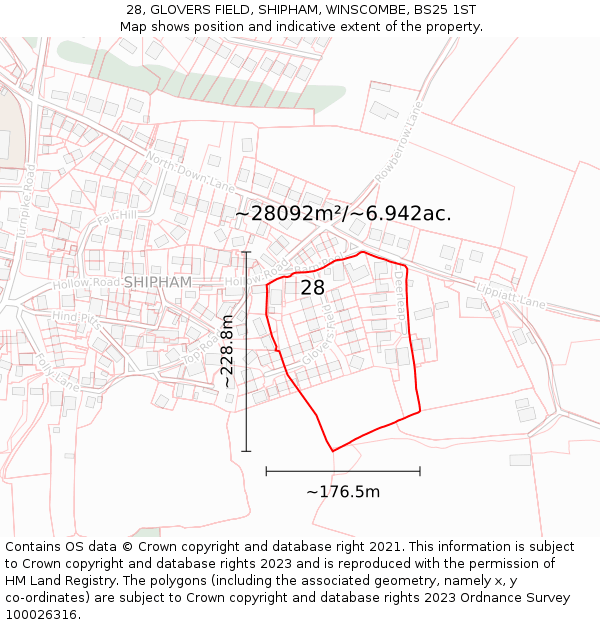 28, GLOVERS FIELD, SHIPHAM, WINSCOMBE, BS25 1ST: Plot and title map