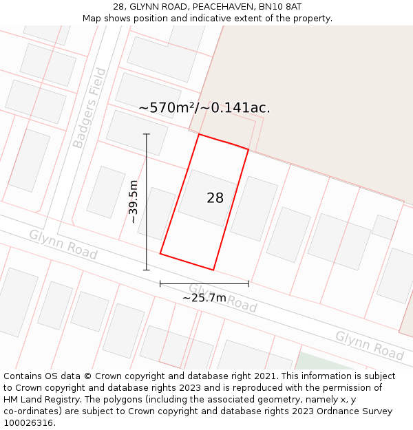 28, GLYNN ROAD, PEACEHAVEN, BN10 8AT: Plot and title map