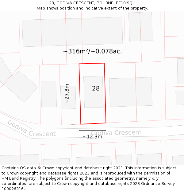 28, GODIVA CRESCENT, BOURNE, PE10 9QU: Plot and title map