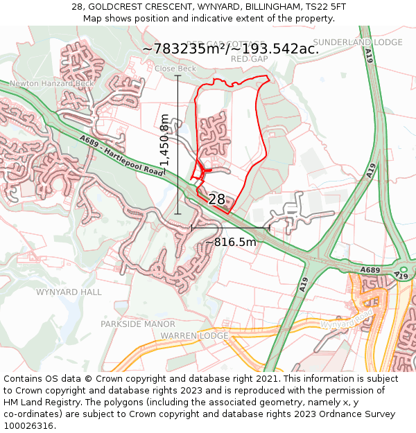 28, GOLDCREST CRESCENT, WYNYARD, BILLINGHAM, TS22 5FT: Plot and title map