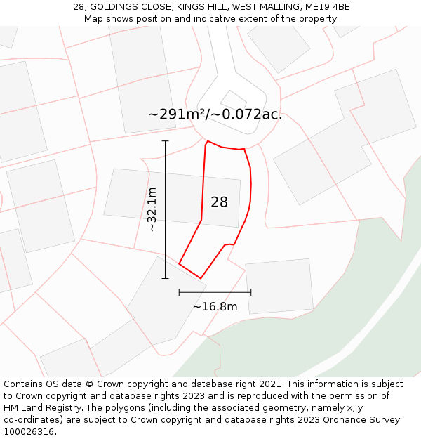 28, GOLDINGS CLOSE, KINGS HILL, WEST MALLING, ME19 4BE: Plot and title map