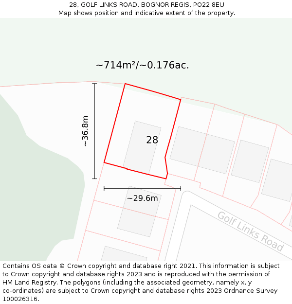 28, GOLF LINKS ROAD, BOGNOR REGIS, PO22 8EU: Plot and title map