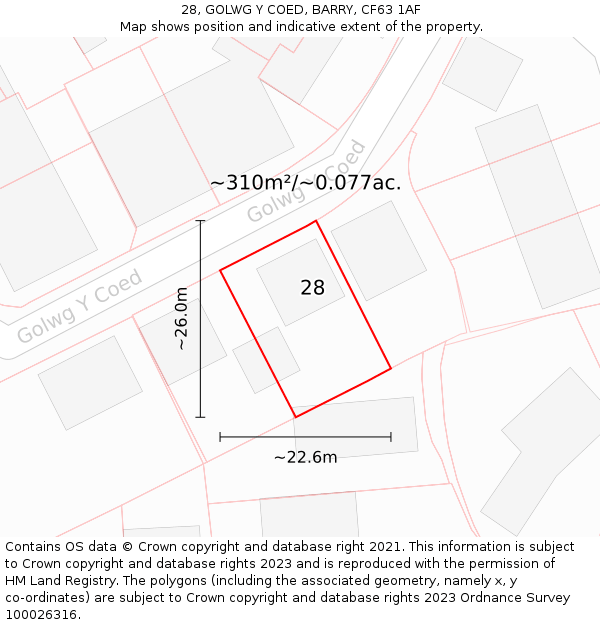 28, GOLWG Y COED, BARRY, CF63 1AF: Plot and title map