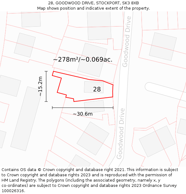 28, GOODWOOD DRIVE, STOCKPORT, SK3 8XB: Plot and title map