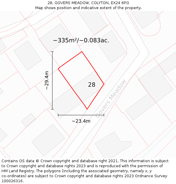 28, GOVERS MEADOW, COLYTON, EX24 6PG: Plot and title map