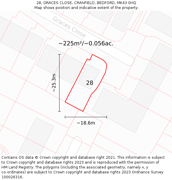 28, GRACES CLOSE, CRANFIELD, BEDFORD, MK43 0HQ: Plot and title map