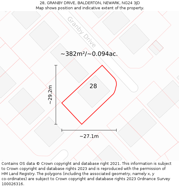 28, GRANBY DRIVE, BALDERTON, NEWARK, NG24 3JD: Plot and title map