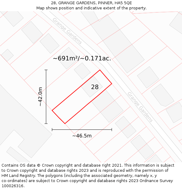 28, GRANGE GARDENS, PINNER, HA5 5QE: Plot and title map