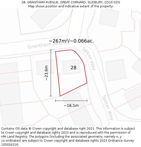 28, GRANTHAM AVENUE, GREAT CORNARD, SUDBURY, CO10 0ZG: Plot and title map