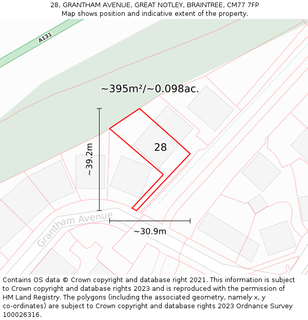 28, GRANTHAM AVENUE, GREAT NOTLEY, BRAINTREE, CM77 7FP: Plot and title map