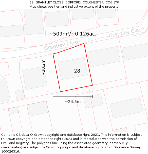 28, GRANTLEY CLOSE, COPFORD, COLCHESTER, CO6 1YP: Plot and title map