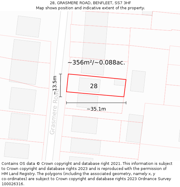 28, GRASMERE ROAD, BENFLEET, SS7 3HF: Plot and title map