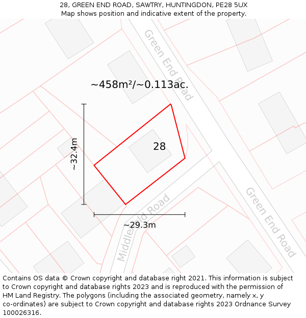 28, GREEN END ROAD, SAWTRY, HUNTINGDON, PE28 5UX: Plot and title map