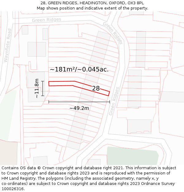 28, GREEN RIDGES, HEADINGTON, OXFORD, OX3 8PL: Plot and title map