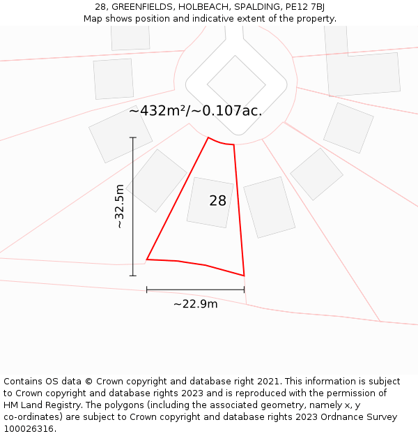 28, GREENFIELDS, HOLBEACH, SPALDING, PE12 7BJ: Plot and title map