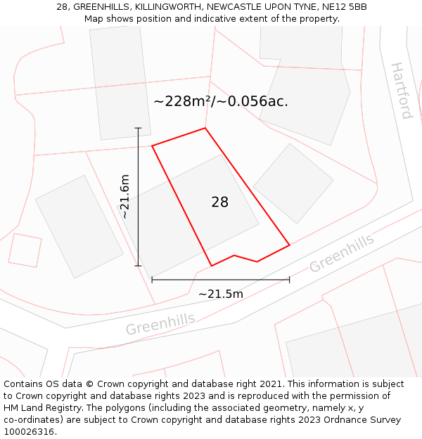 28, GREENHILLS, KILLINGWORTH, NEWCASTLE UPON TYNE, NE12 5BB: Plot and title map