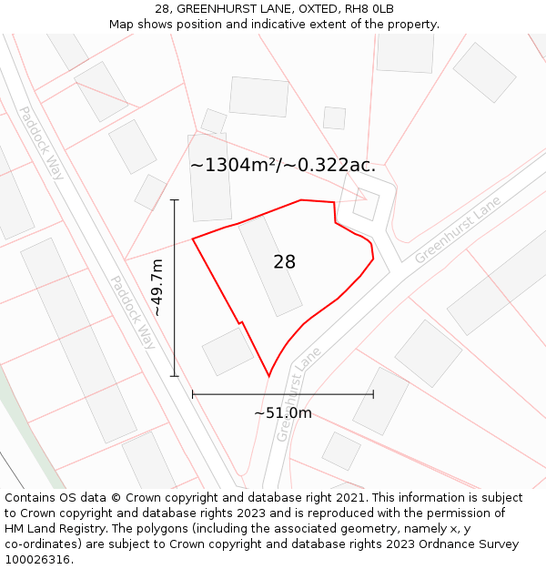 28, GREENHURST LANE, OXTED, RH8 0LB: Plot and title map