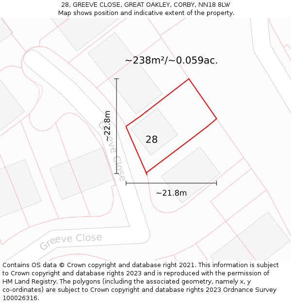 28, GREEVE CLOSE, GREAT OAKLEY, CORBY, NN18 8LW: Plot and title map