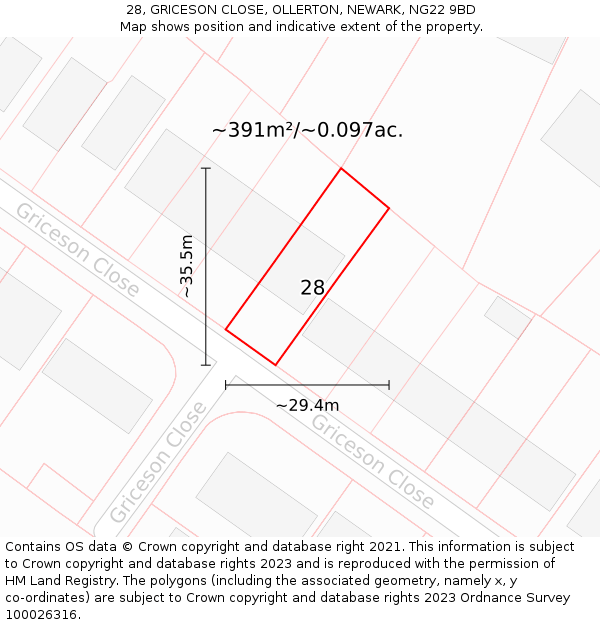 28, GRICESON CLOSE, OLLERTON, NEWARK, NG22 9BD: Plot and title map
