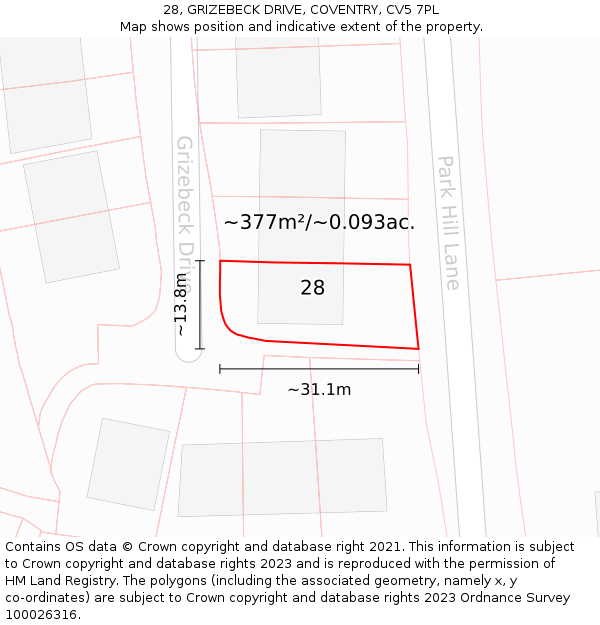 28, GRIZEBECK DRIVE, COVENTRY, CV5 7PL: Plot and title map