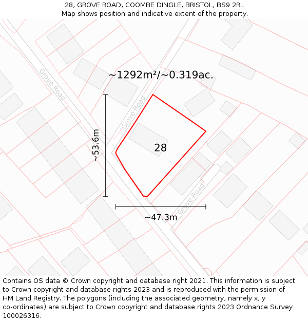 28, GROVE ROAD, COOMBE DINGLE, BRISTOL, BS9 2RL: Plot and title map