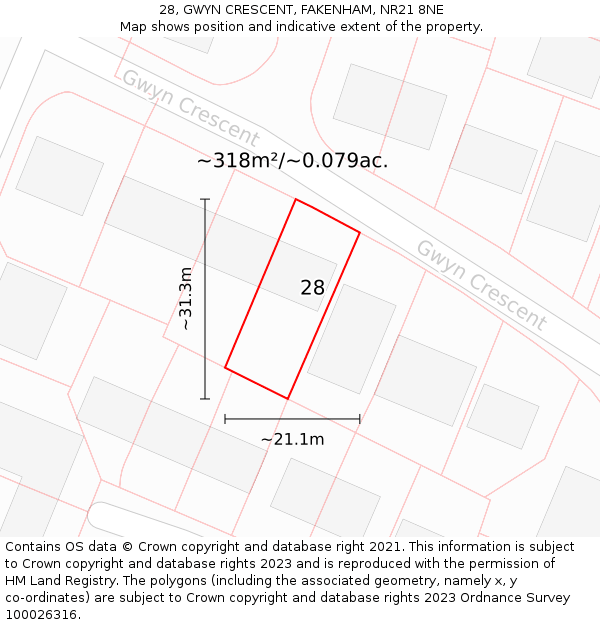 28, GWYN CRESCENT, FAKENHAM, NR21 8NE: Plot and title map