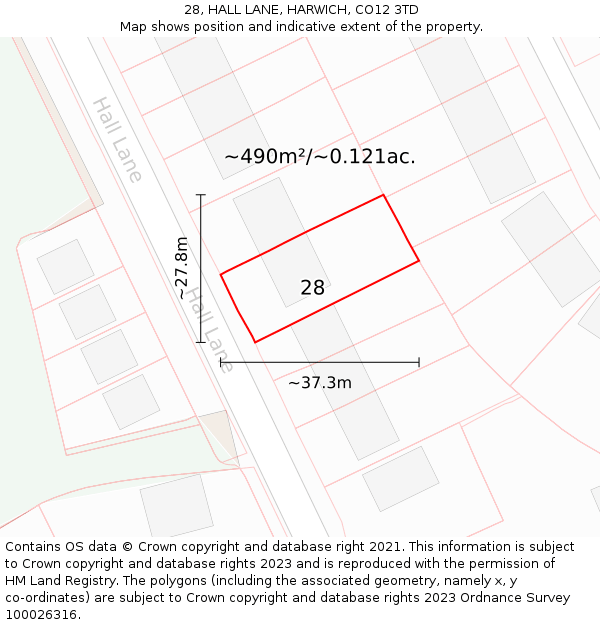 28, HALL LANE, HARWICH, CO12 3TD: Plot and title map