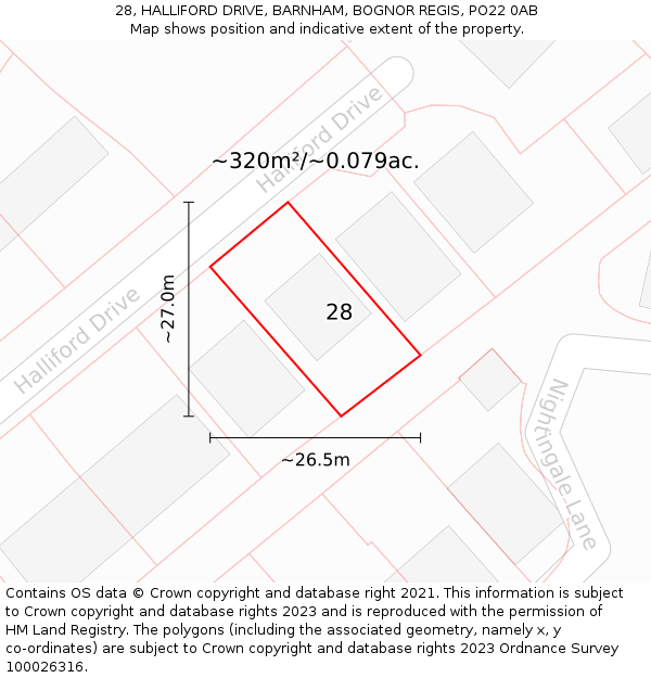 28, HALLIFORD DRIVE, BARNHAM, BOGNOR REGIS, PO22 0AB: Plot and title map