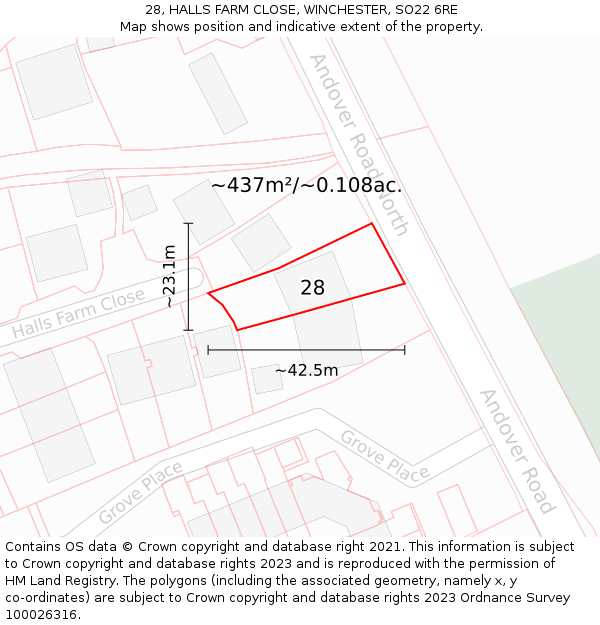 28, HALLS FARM CLOSE, WINCHESTER, SO22 6RE: Plot and title map