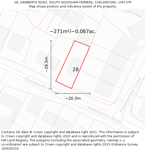 28, HAMBERTS ROAD, SOUTH WOODHAM FERRERS, CHELMSFORD, CM3 5TP: Plot and title map