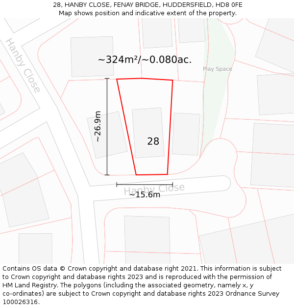 28, HANBY CLOSE, FENAY BRIDGE, HUDDERSFIELD, HD8 0FE: Plot and title map