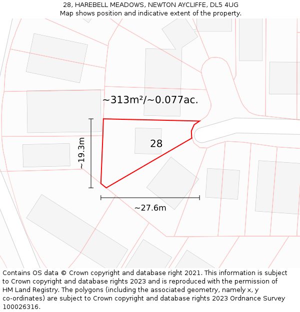 28, HAREBELL MEADOWS, NEWTON AYCLIFFE, DL5 4UG: Plot and title map