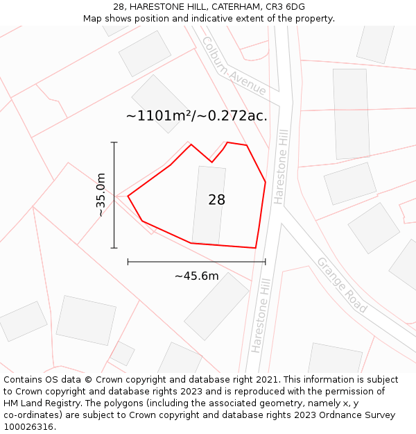 28, HARESTONE HILL, CATERHAM, CR3 6DG: Plot and title map