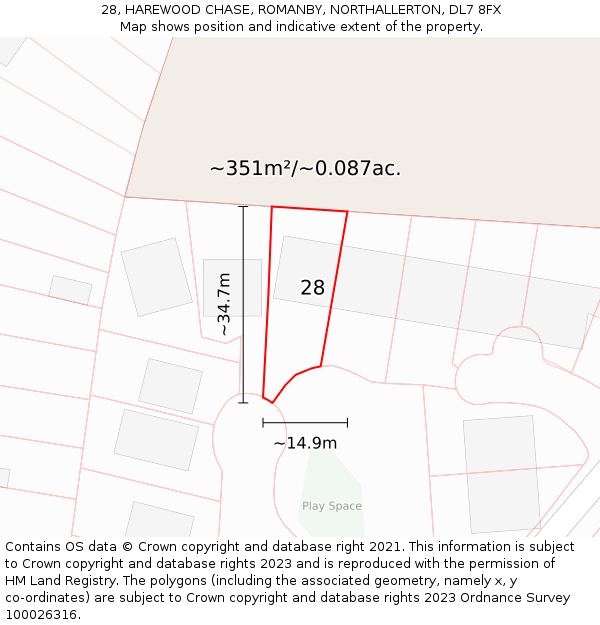 28, HAREWOOD CHASE, ROMANBY, NORTHALLERTON, DL7 8FX: Plot and title map