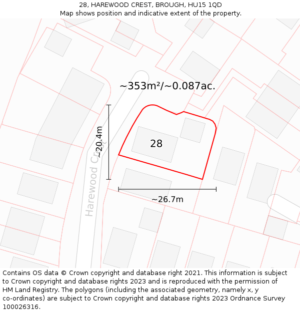 28, HAREWOOD CREST, BROUGH, HU15 1QD: Plot and title map