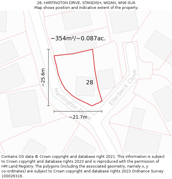 28, HARTINGTON DRIVE, STANDISH, WIGAN, WN6 0UA: Plot and title map